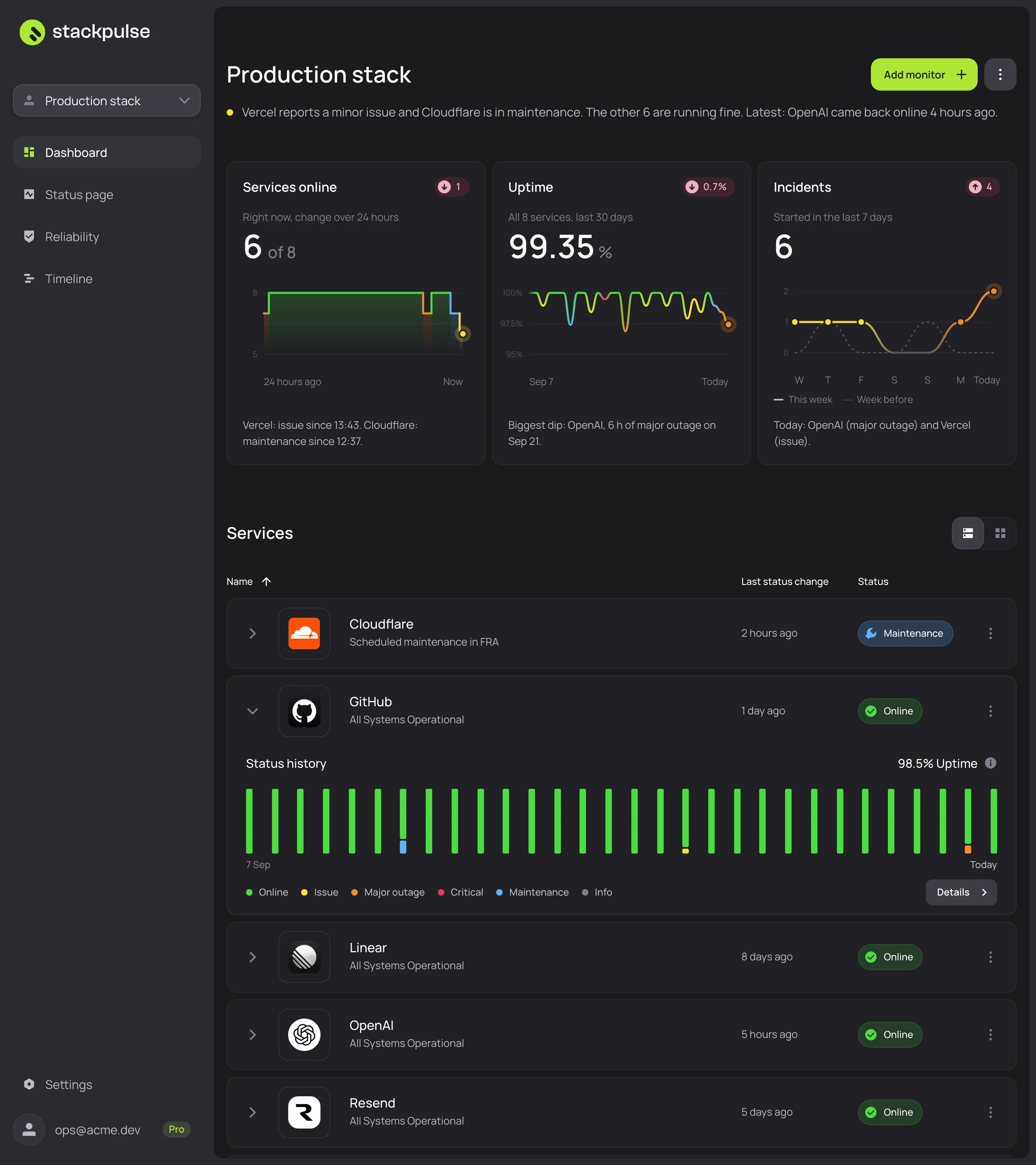 The Stackpulse dashboard: eight services with their status, the latest changes and a service's 30-day history